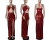 sequins backles V-neck slit suspender halter prom dress NSYMS129433