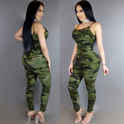 Tight-fitting Camouflage Sleeveless Suspender Jumpsuit NSYMS129438