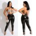 tight-fitting tassel stitching camisole high-waist elastic PU leather pants two-piece set NSYMS129466