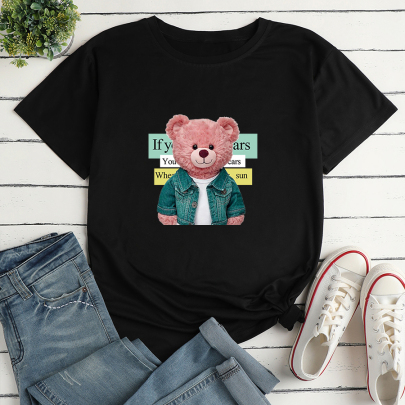Cartoon Bear Print Loose Round Neck Short Sleeve T-Shirt NSYAY129565