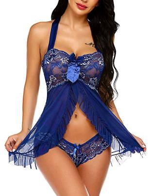 Halter Mesh See-through Nightdress With Thong Multicolors NSLTS125685