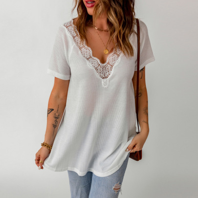 Short-sleeved Solid Color Lace Stitching V-neck Pullover T-shirt NSSI129527
