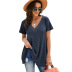 short-sleeved solid color lace stitching v-neck pullover t-shirt NSSI129527