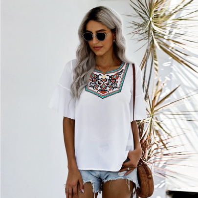 Boho Style Loose Short Sleeve Pullover Embroidered T-shirt NSSI129533