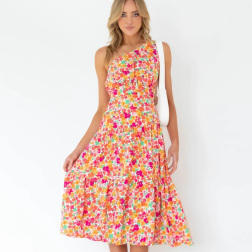 Single-shoulder Sleeveless Slim Floral Dress NSPPF129547