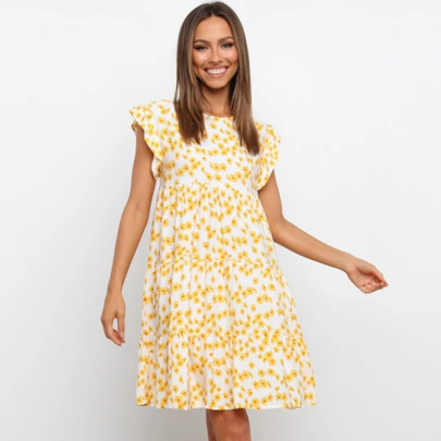 Round Neck Loose Ruffle Floral Dress NSPPF129544