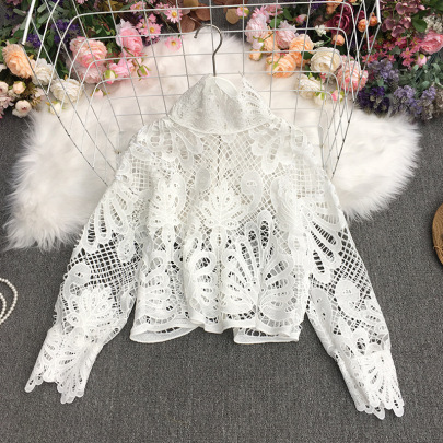 Solid Color Embroidery Retro Lace Lantern Sleeve Top NSYXG124471