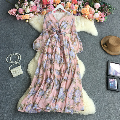 V-neck Floral Chiffon Bell-sleeved Waist Dress NSYXG124472