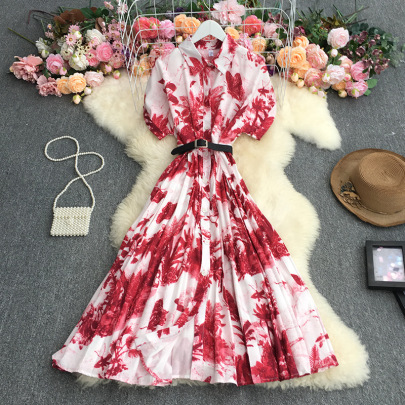 Ink Painting Printslim Fit Pleated Mid-length Shirt Dress NSYXG124474
