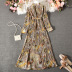 Stand collar floral retro long-sleeved pleated mid-length A-line dress NSYXG124483