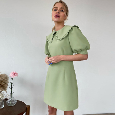 Solid Color French Doll Collar Puff Sleeves A-line Dress NSSQS124490