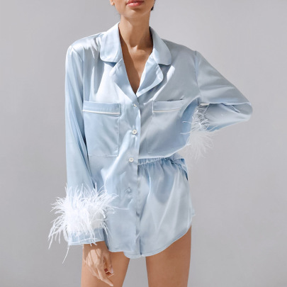Solid Color Satin Feather Stitching Sleeve Shirt And Shorts/pants Set Multicolors NSSQS124491