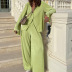 retro pleated design solid color flared sleeve loose shirt trousers casual set multicolors NSSQS124492