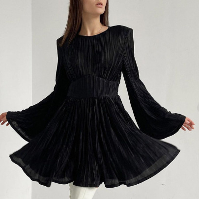 Solid Color Long Sleeve Pleated A-line Dress NSSQS124495