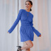 solid color hollow pleated long sleeve A-line dress NSSQS124496