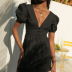 solid color deep v-neck high waist A-line dress NSSQS124501