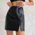 Falda corta de cintura alta con abertura de cuero PU de color sólido NSSQS124522