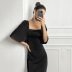 solid color waist slim mid-length satin ice silk dress NSSQS124527