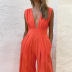 solid color deep V-neck low-cut high-waisted backless bow jumpsuit NSSQS124549