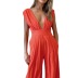 solid color deep V-neck low-cut high-waisted backless bow jumpsuit NSSQS124549