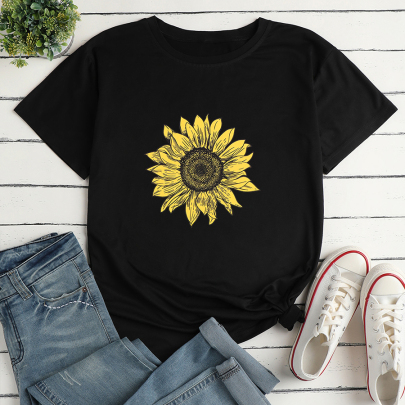 Sunflower Print Loose Short Sleeve T-Shirt Multicolors NSYAY129973
