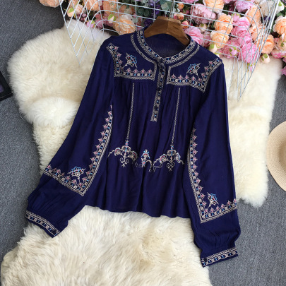 Half Open Button Long Sleeve Embroidered Shirt NSYXG124484