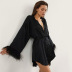 feather long-sleeved v neck lace-up solid color simulation silk dress NSSQS124656