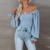 ribbed solid color see-through puff sleeve jumpsuit NSQMY124708