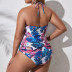 plus size printing lace up hanging neck backless one-piece swimsuit NSJHD124723
