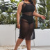 plus size sling backless hanging neck solid color see-through swimsuit set NSJHD124726