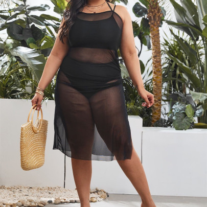 Plus Size Sling Backless Hanging Neck Solid Color See-through Swimsuit Set NSJHD124726