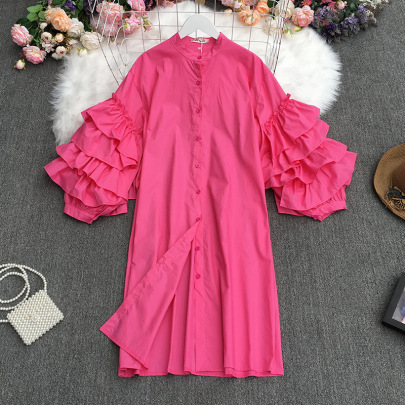 Buttons Solid Color Multi-layer Ruffled Puff Sleeves Loose Dress NSYXG124754