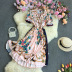 pleated print crocheted short sleeve slim long dress NSYXG124763