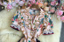 pleated print crocheted short sleeve slim long dress NSYXG124763