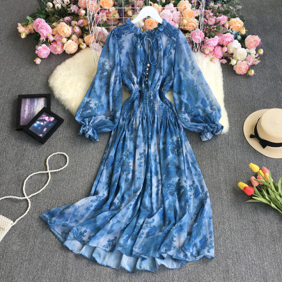 Print Fungus Edge Stand-up Collar Large Swing Long Puff Sleeve Lace-up Dress NSYXG124764
