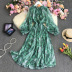 print fungus edge stand-up collar large swing long puff sleeve lace-up dress NSYXG124764