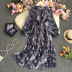print fungus edge stand-up collar large swing long puff sleeve lace-up dress NSYXG124764