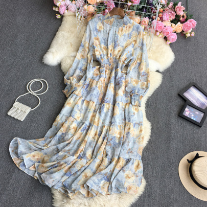 Long Puff Sleeve Stand-up Collar Slim Flower Print Dress NSYXG124766