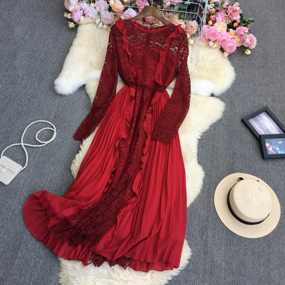 Lace Chiffon Pleated Long Sleeve Ruffle Round Neck Dress (multicolor) NSYXG124769