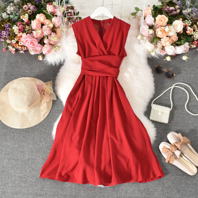 Slim V-neck Sleeveless Solid Color Chiffon Dress (multicolor) NSYXG124771