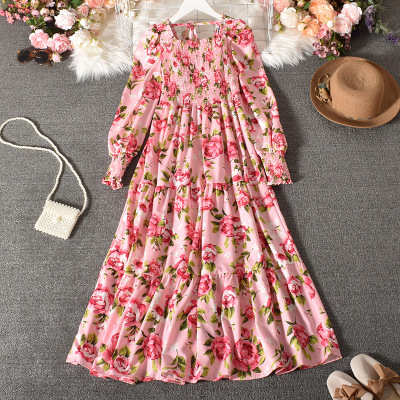 Long Sleeve Square Neck Large Swing Lace-up Floral Dress NSYXG124772
