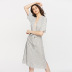 backless V-neck short sleeve lace-up stripes cotton and linen dress NSSQS124806
