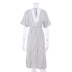 backless V-neck short sleeve lace-up stripes cotton and linen dress NSSQS124806