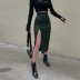 slit slim high waist solid color PU matte leather skirts NSSQS124810