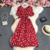 puff sleeves round neck slim lace-up Cherry print/floral dress NSYXG124855