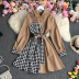 lapel long-sleeved stitching lace-up houndstooth print shirt dress NSYXG124858