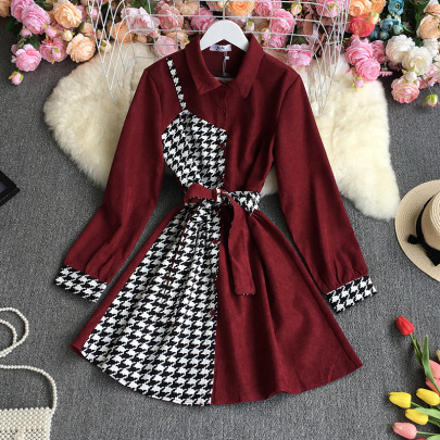 Lapel Long-sleeved Stitching Lace-up Houndstooth Print Shirt Dress NSYXG124858
