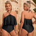 plus size lace-up hanging neck backless solid color one-piece swimsuit NSJHD124876