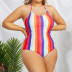 plus size striped print hanging neck backless lace-up one-piece swimsuit NSJHD124880