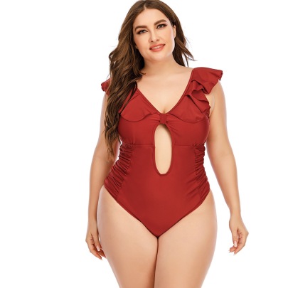 Plus Size Ruffle Sleeveless Backless Hollowed Solid Color One-piece Swimsuit NSJHD124881